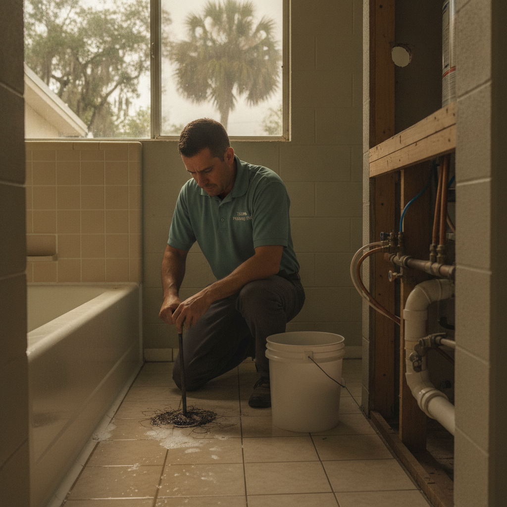 Standing water in a Tampa bathtub after a shower, with the drain not clearing