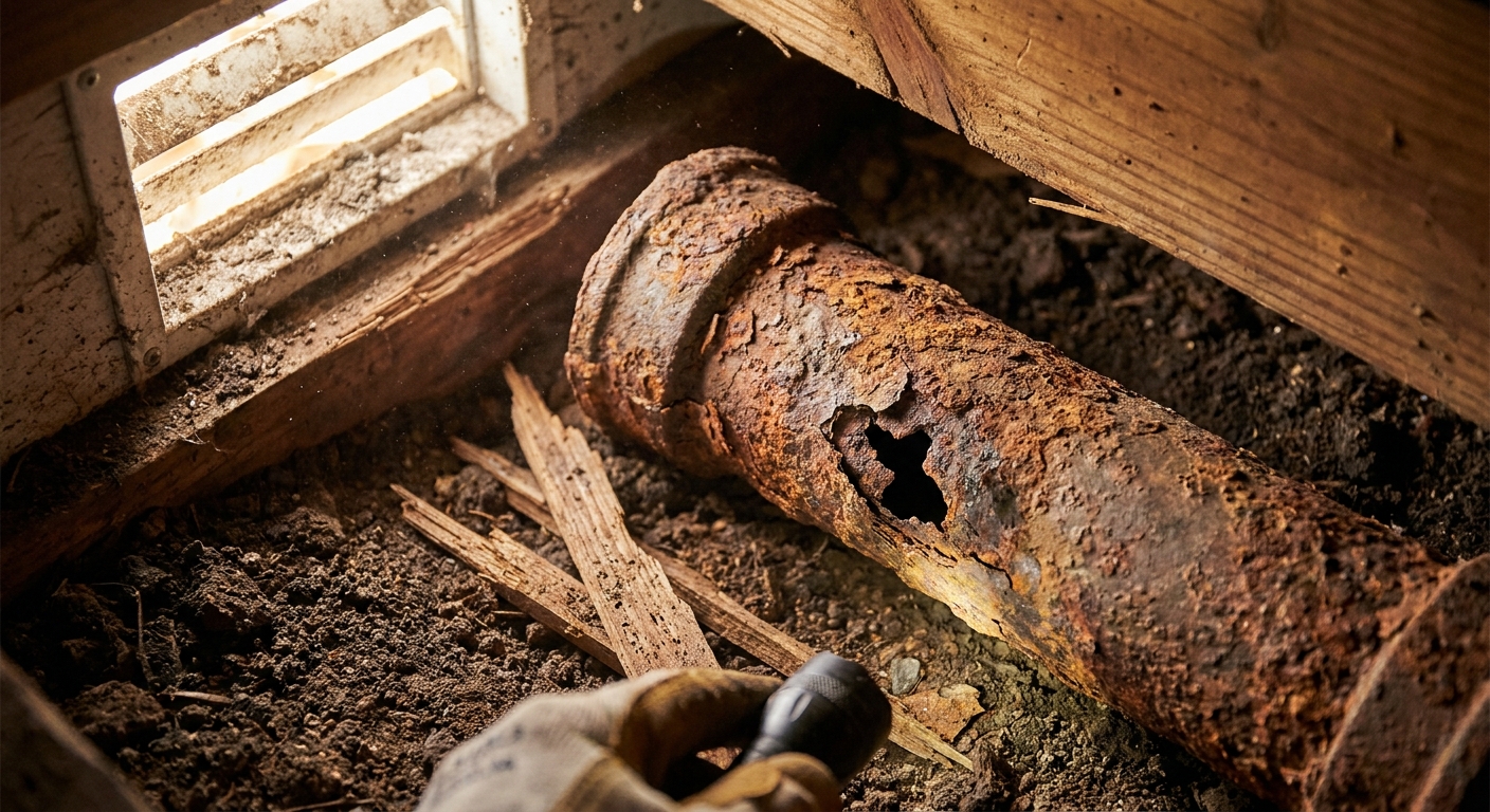 Corroded original cast iron drain pipe under an older St. Petersburg bungalow
