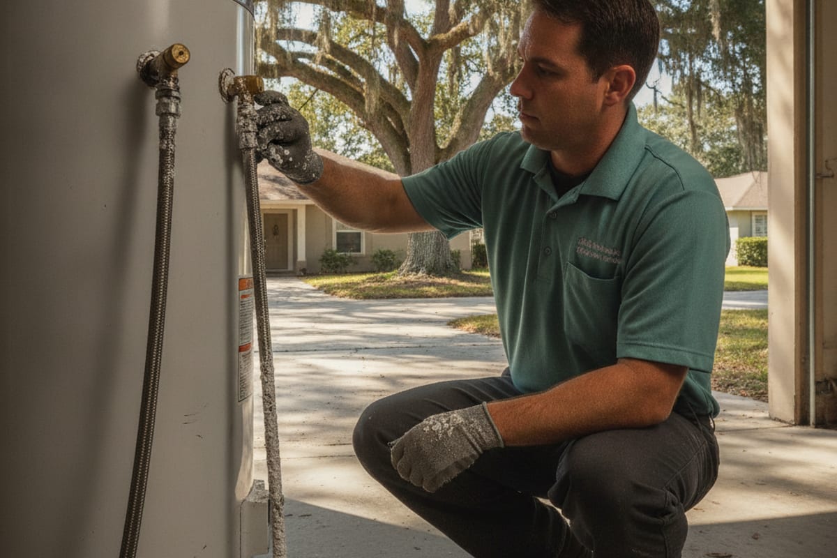 Plumber crouched at a water heater with mineral scale visible on the fittings, a modern Valrico home with mature oak trees in the background under afternoon sun