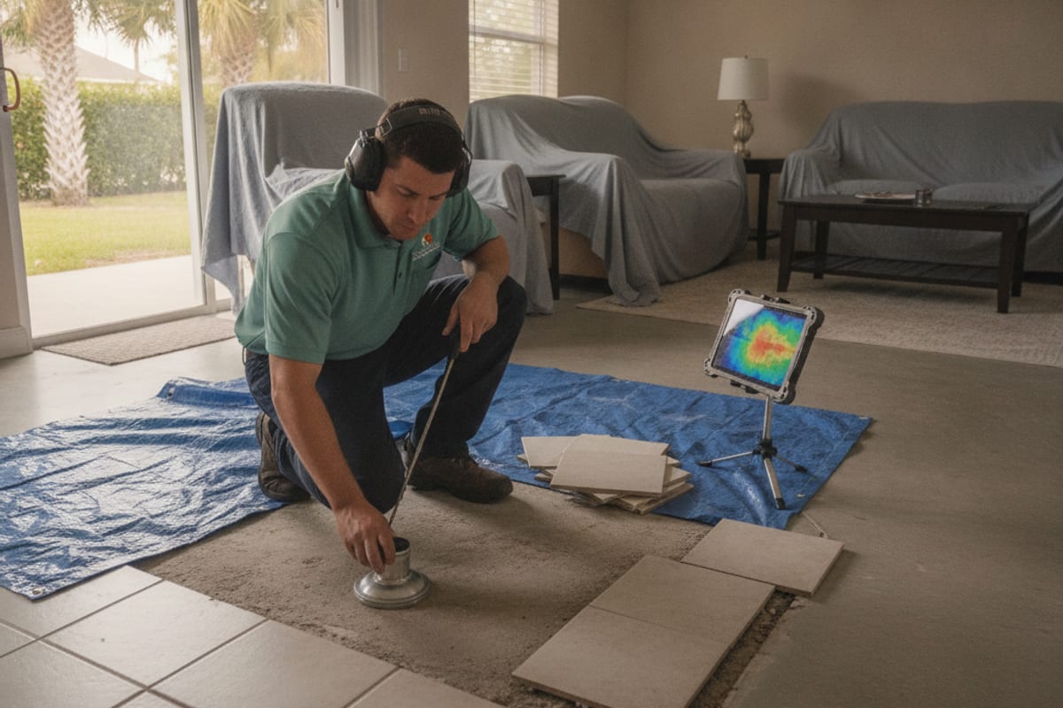 Licensed plumber inspecting exposed pipes in an opened concrete slab inside a Tampa home