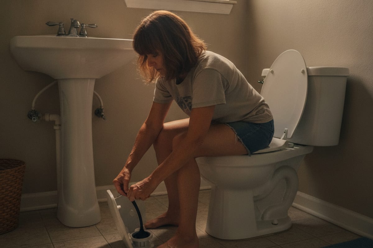 Homeowner adjusting the flapper inside a toilet tank during a simple repair