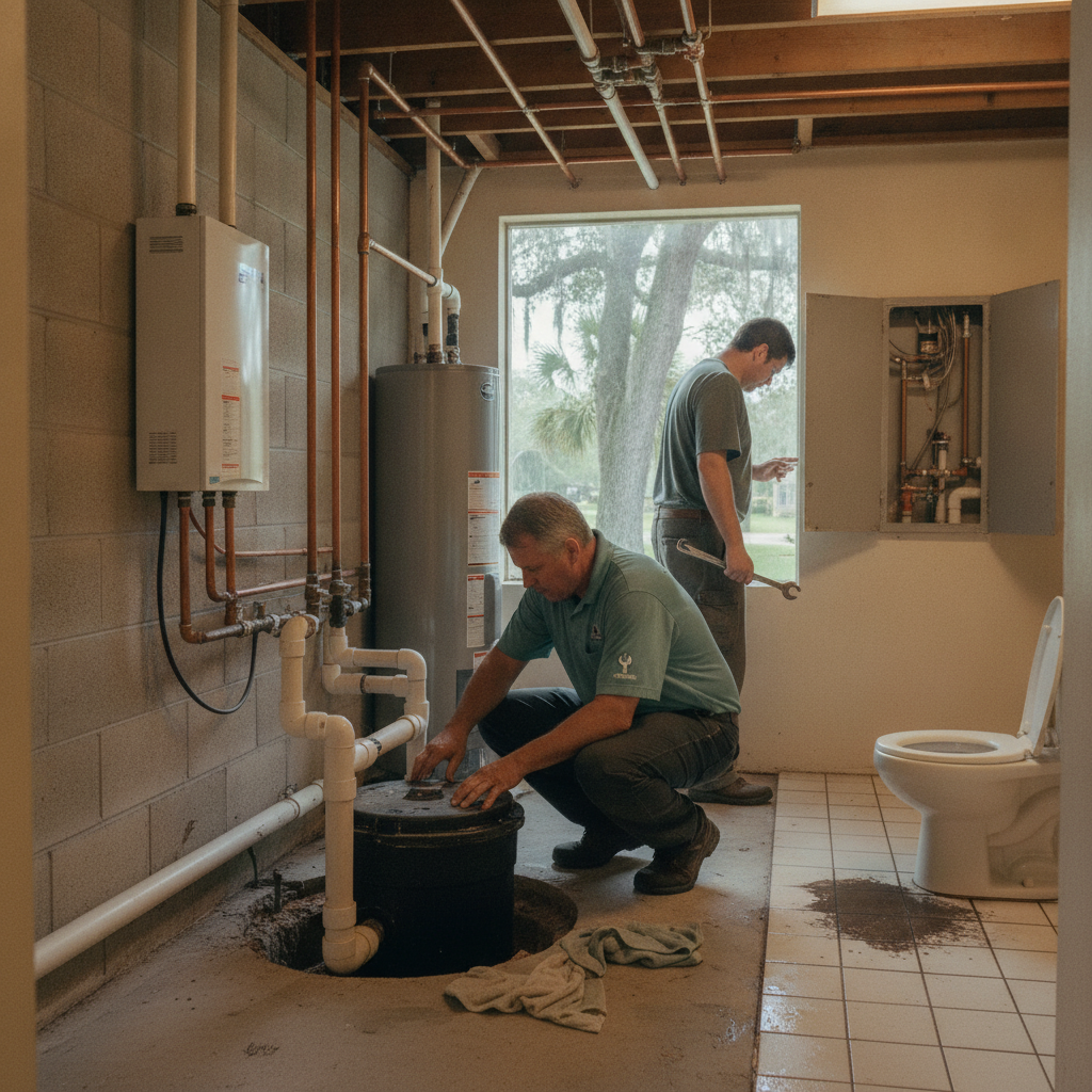 Sealed sewage ejector basin under a Tampa downstairs bathroom with the discharge pipe and lid visible