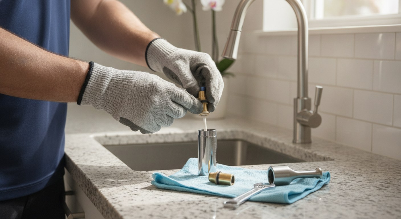 Plumber replacing a worn cartridge inside a kitchen faucet at a Tampa Bay home