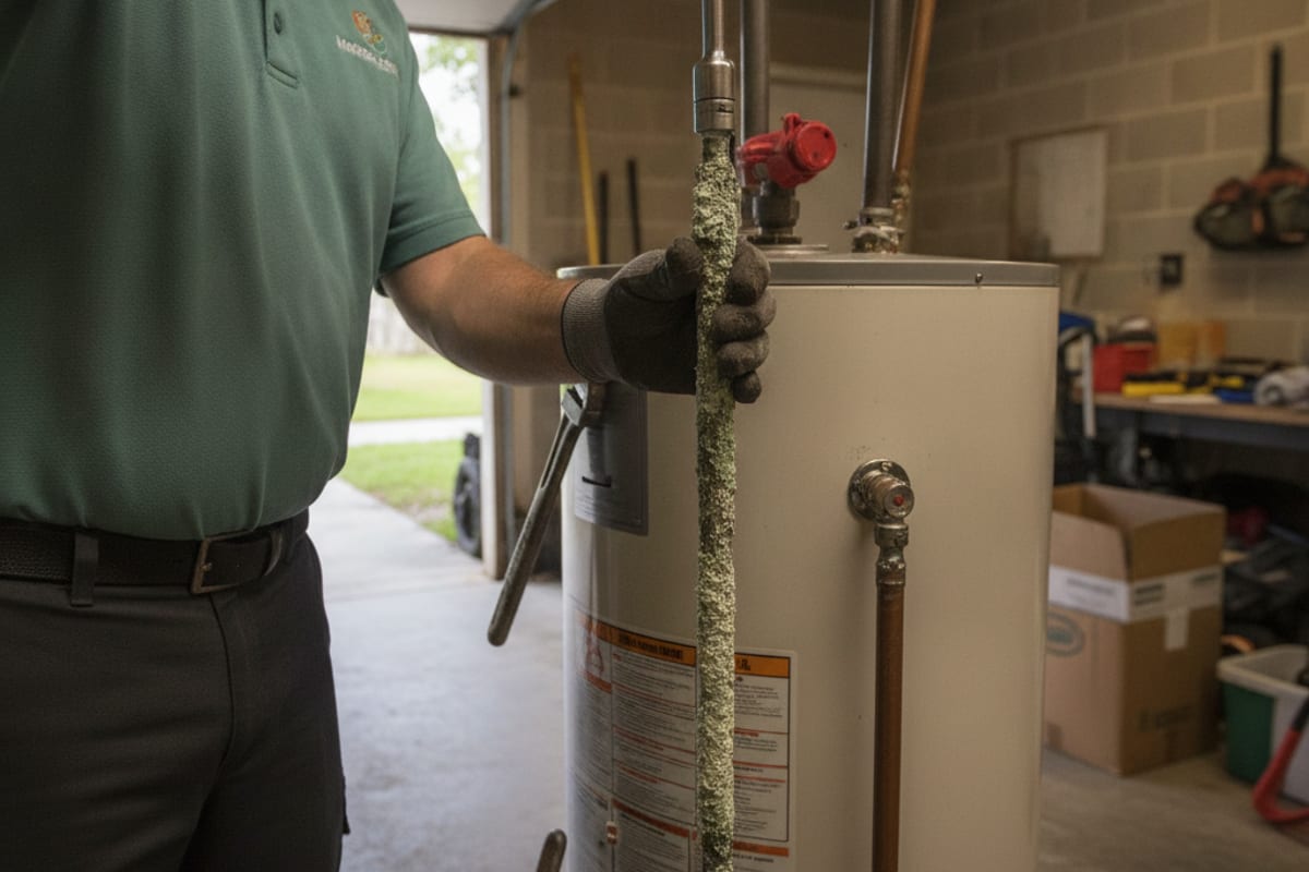Technician checking the age and condition of a tank water heater in a Tampa Bay home