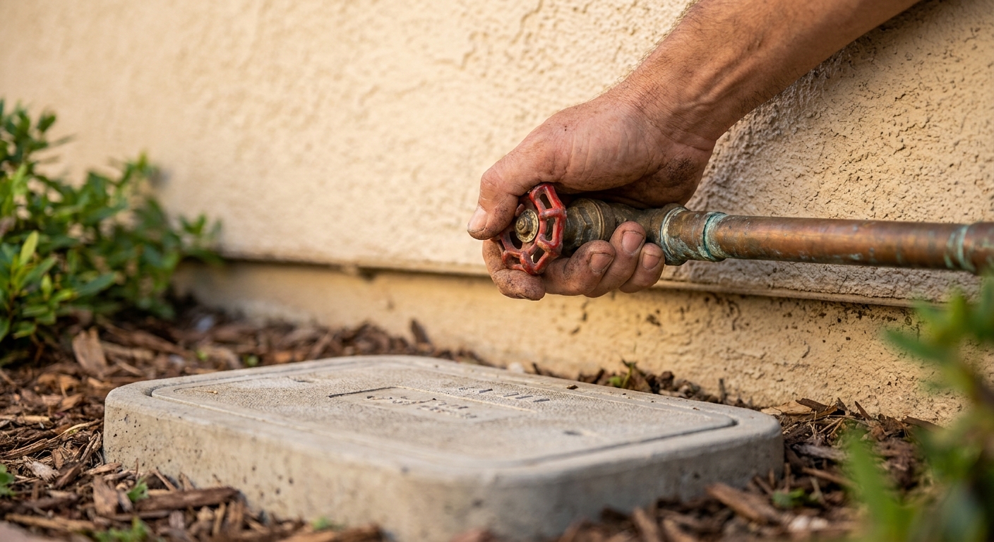 Hand closing a main water shutoff valve during a plumbing emergency
