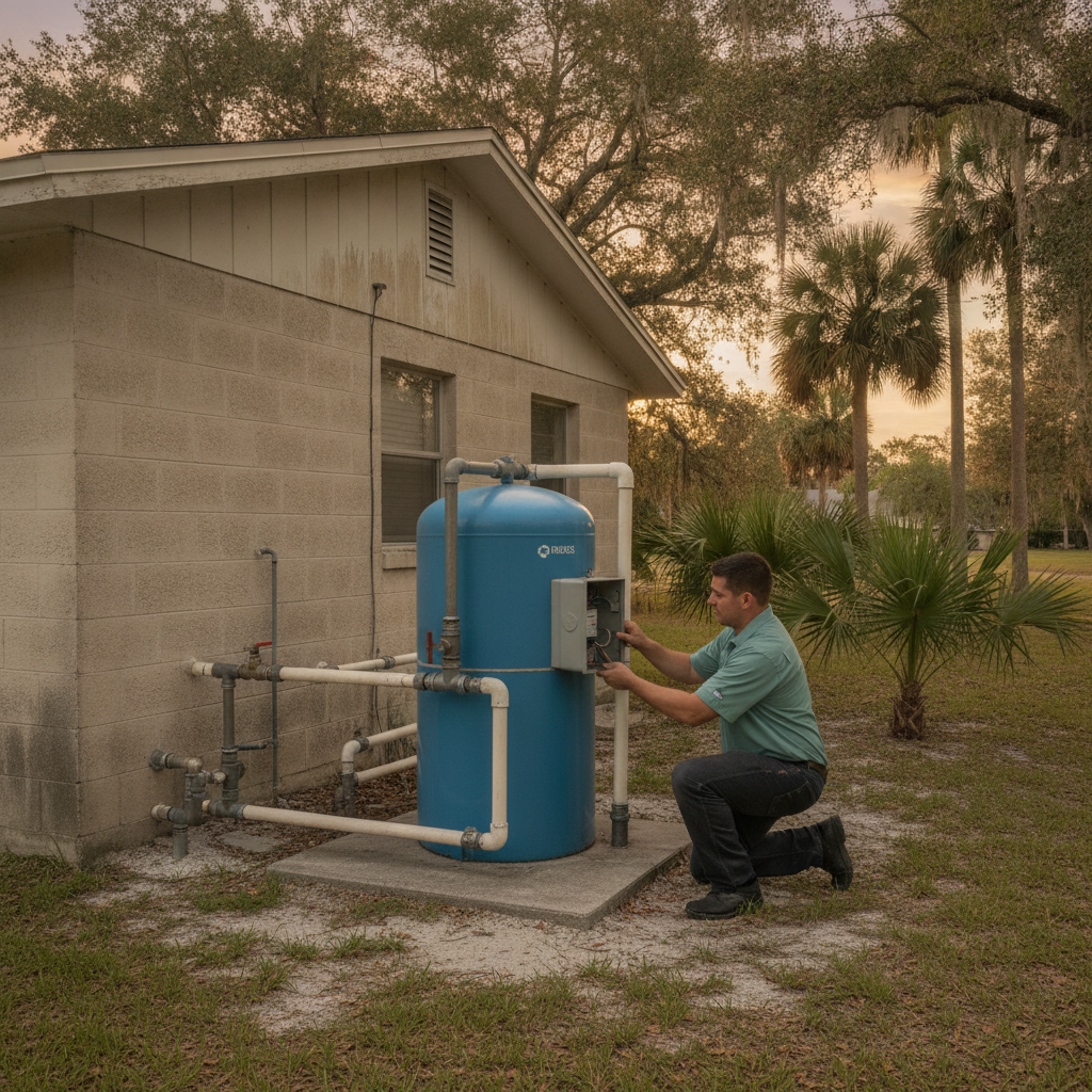 Plumber at a well pressure tank beside an older concrete-block ranch in Hudson, Florida