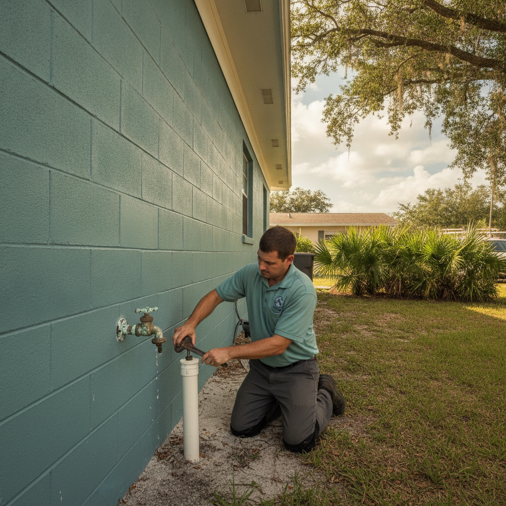 Plumber at a side-yard cleanout beside a salt-weathered hose bib on a 1960s Largo ranch