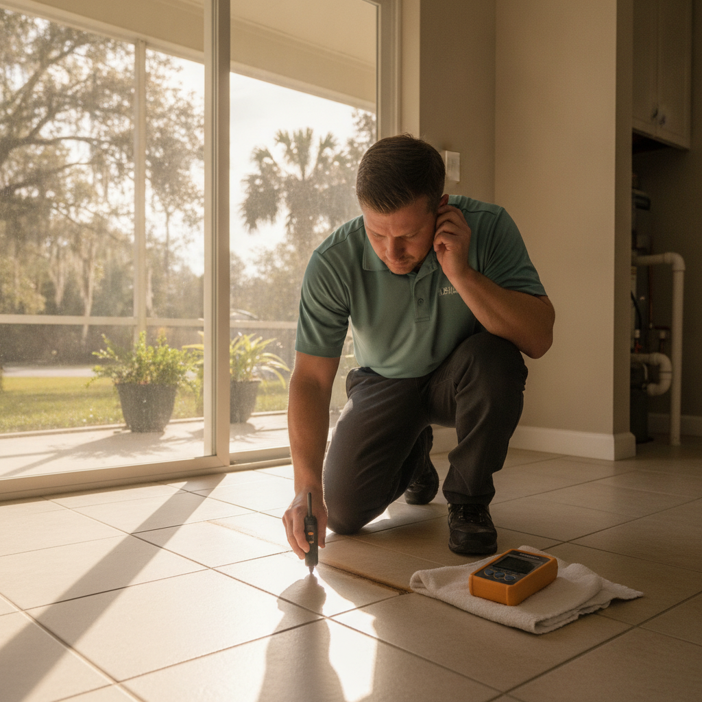Plumber kneeling on beige tile with an acoustic listening device on a Tampa Bay slab ranch floor