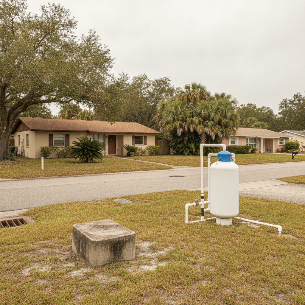 Lutz, Florida street with a city water meter at one ranch and a well pressure tank at the house across from it