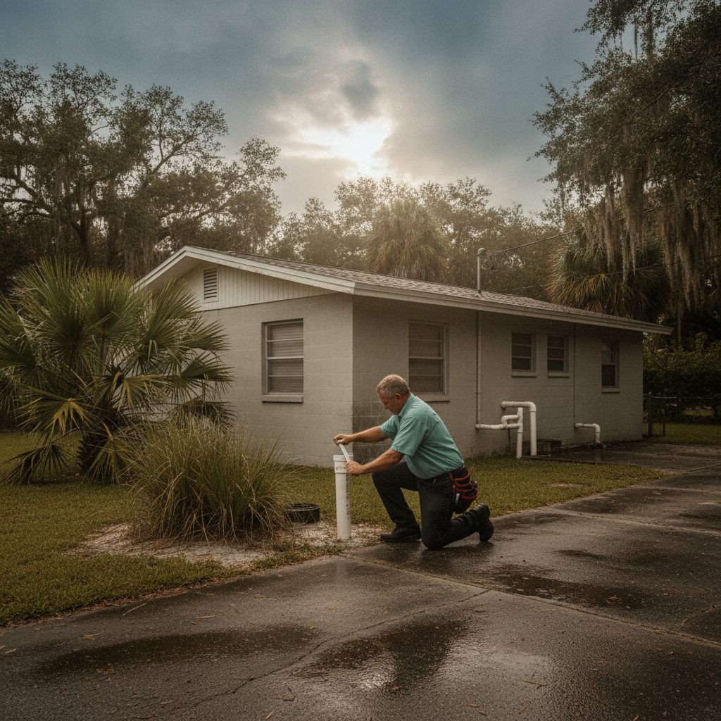 Licensed plumber at a PVC cleanout beside an older New Port Richey block ranch after a Gulf-coast storm