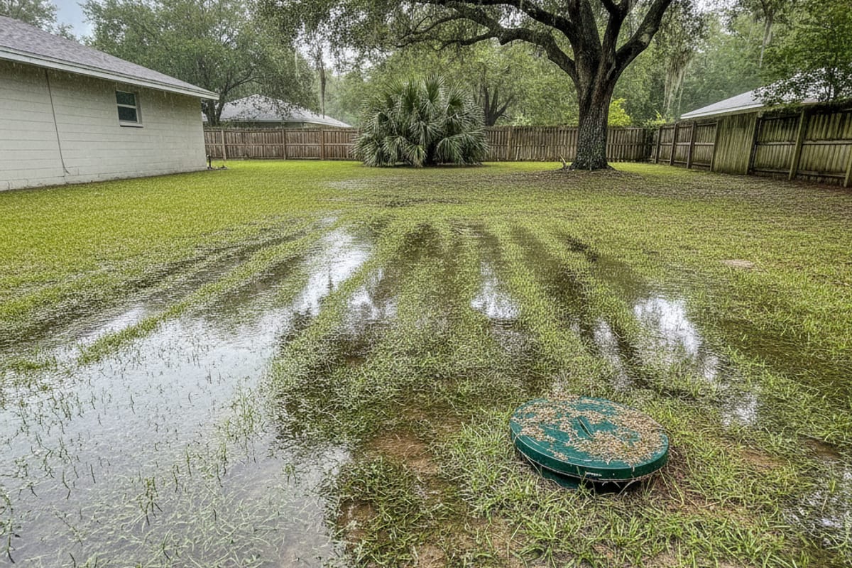 Residential septic drain field in a St. Augustine grass back yard in Tampa Bay after heavy rain, with standing water over the field lines and a green septic access lid visible