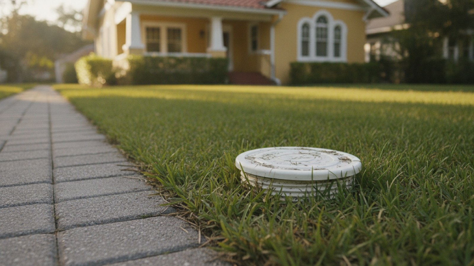 Sewer cleanout cap beside a Tampa Bay bungalow