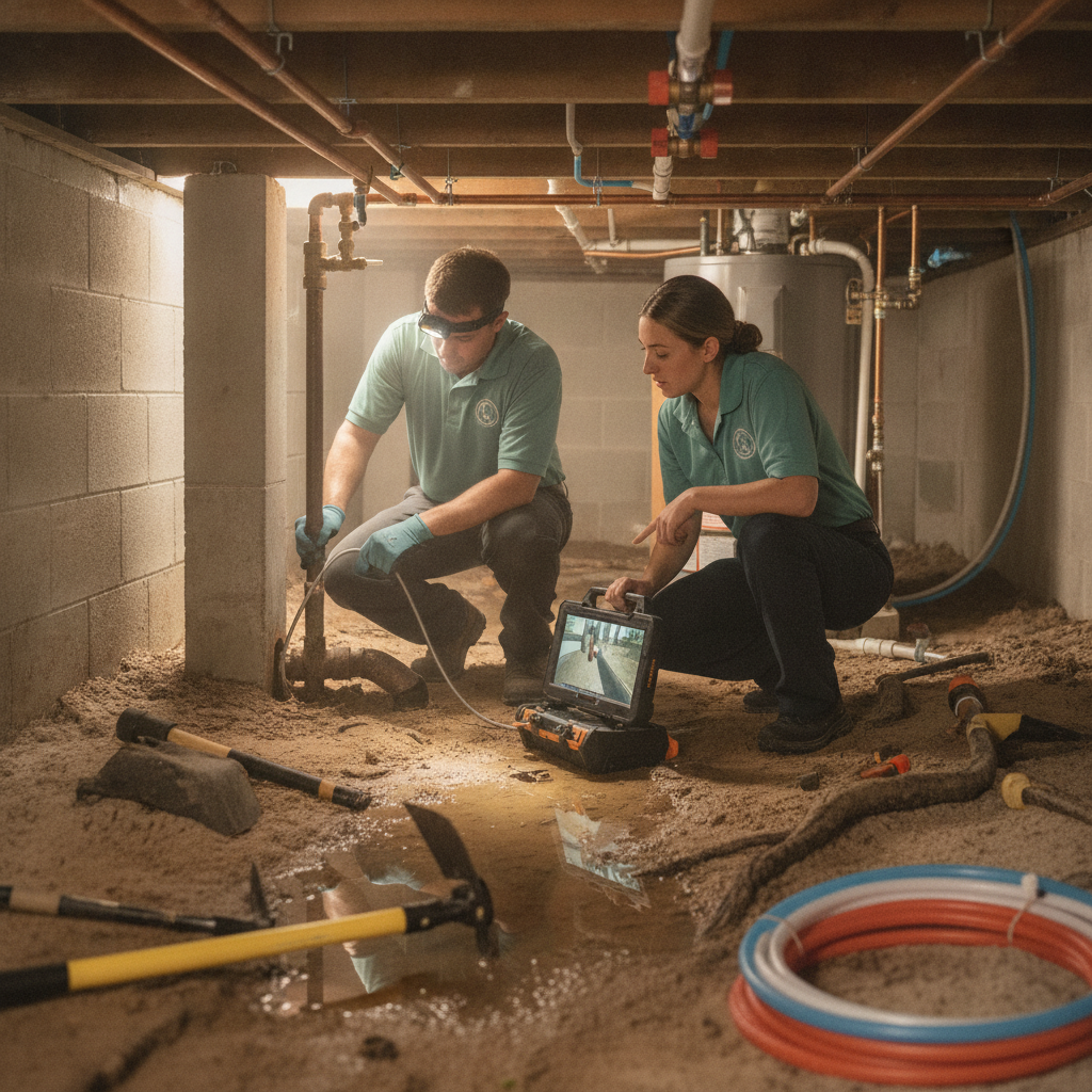 Plumber feeding a sewer camera into a yard cleanout at a Tampa Bay home