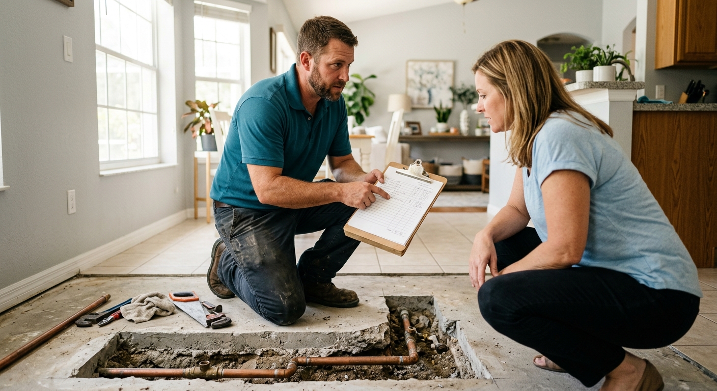 Plumber showing a homeowner an itemized estimate next to an opened section of slab in a Tampa home