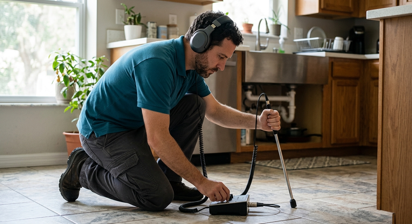 Plumber cutting into concrete slab to access and repair underground water line in Tampa home