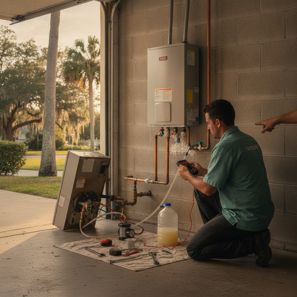 Wall-mounted tankless water heater in a Tampa Bay garage with the display lit