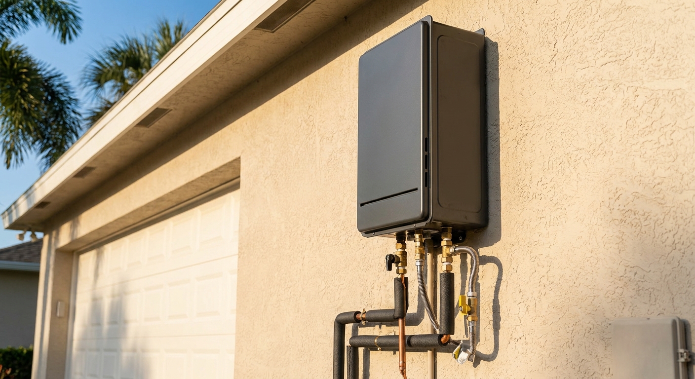 Wall-mounted tankless water heater installed in a Florida home