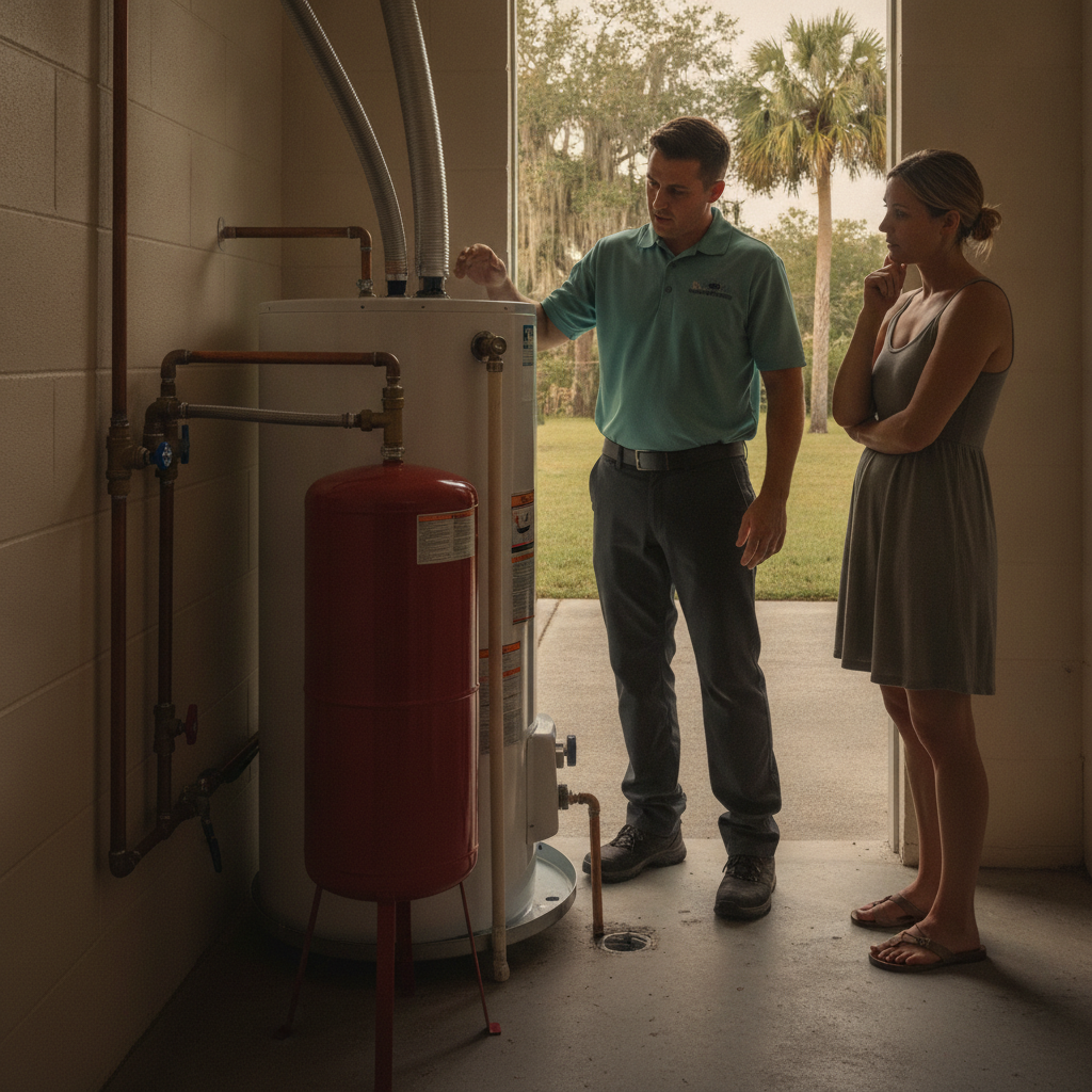 Small steel expansion tank on the cold-water line above a tank-style water heater in a Tampa garage