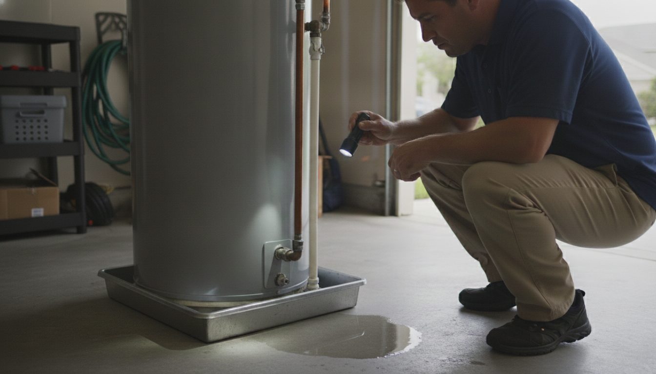A licensed plumber crouches beside a tank water heater in a Florida garage, inspecting the metal drain pan at its base for signs of leaking water
