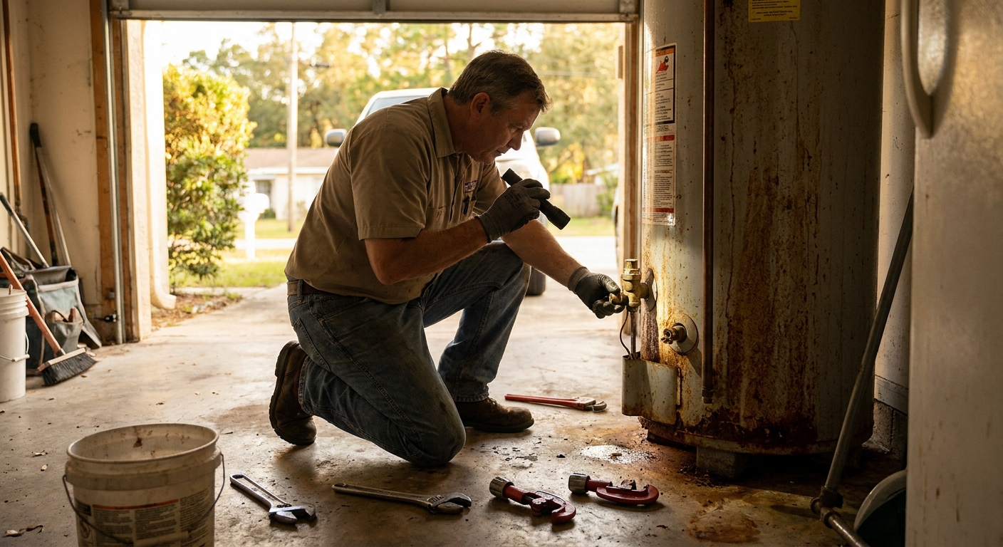 Plumber evaluating an aging tank water heater in a Tampa Bay garage