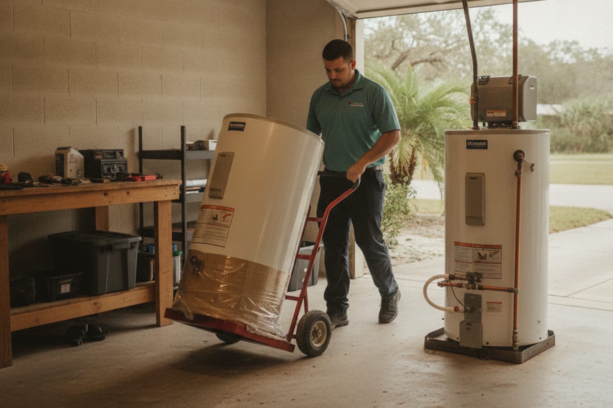 Plumber installing a new tank water heater in a Tampa Bay garage