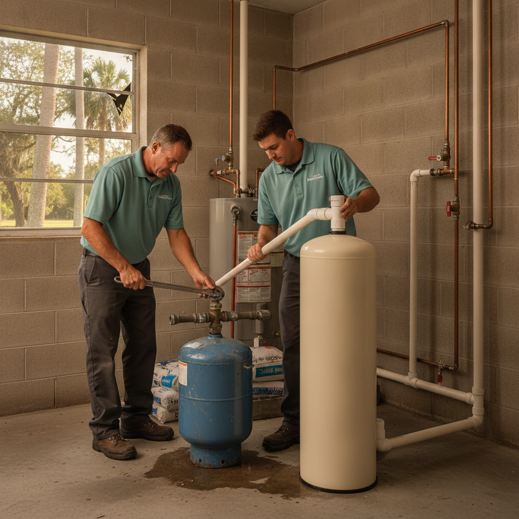 Steel well pressure tank beside pump equipment at a Pasco County home