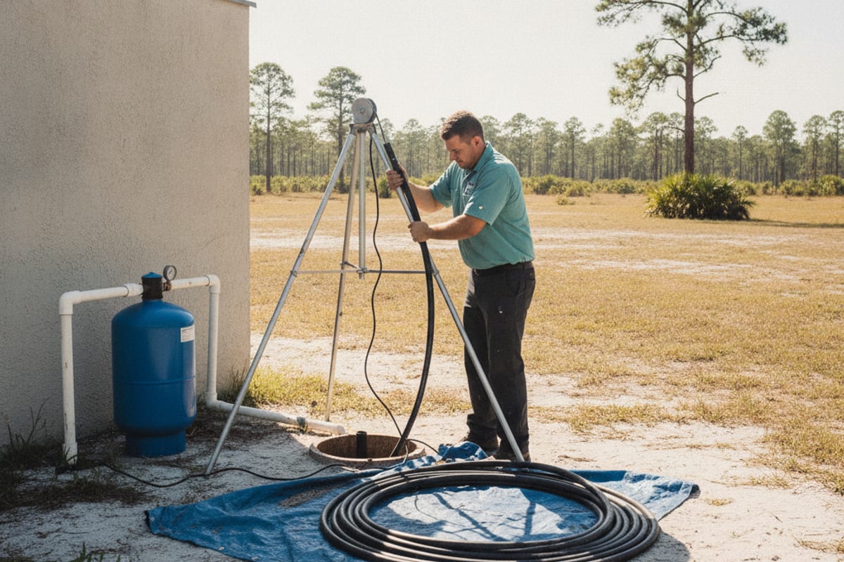 Technician testing a submersible well pump and pressure tank at a rural Pasco County home