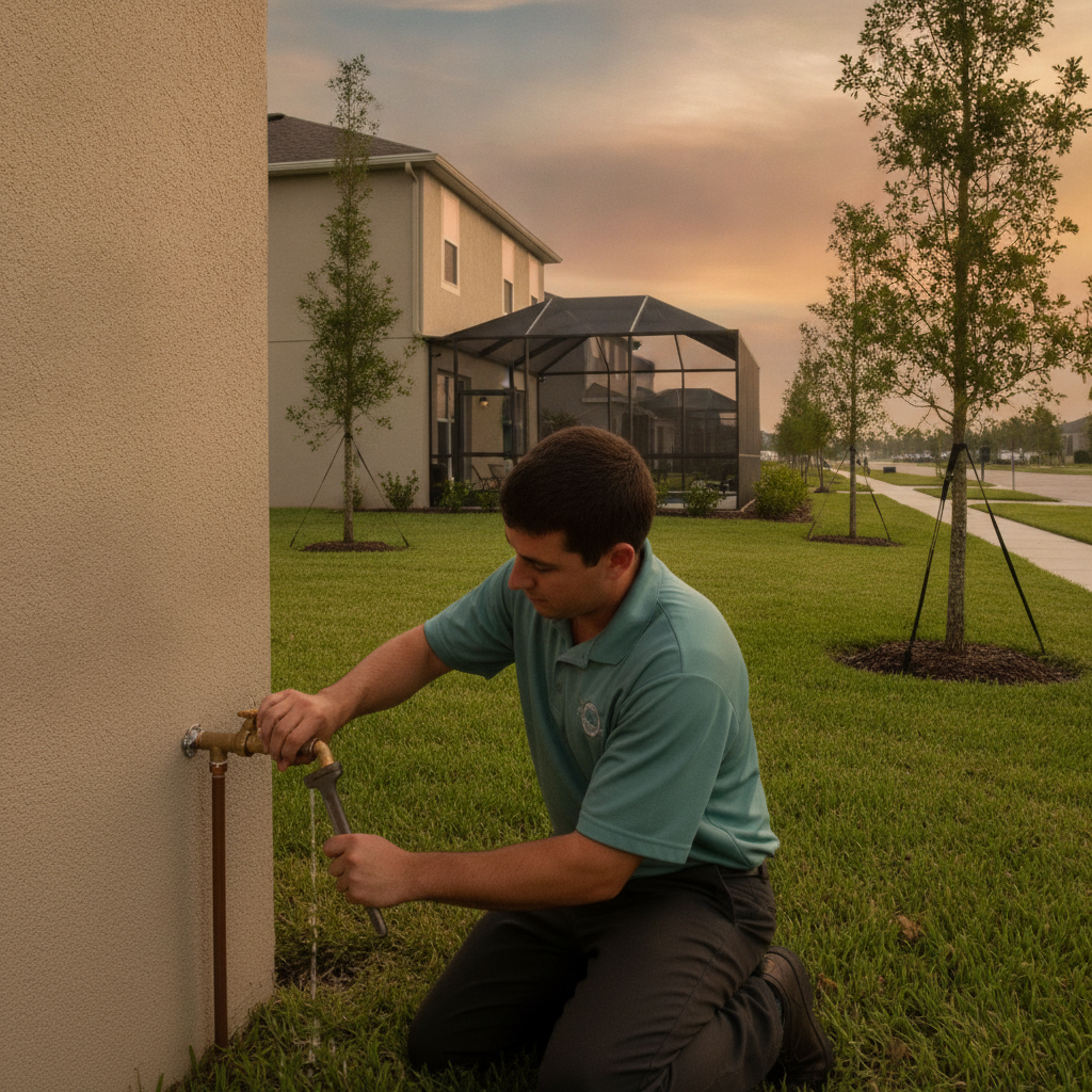 Licensed plumber at a hose bib on a newer two-story stucco home in a Wesley Chapel HOA subdivision