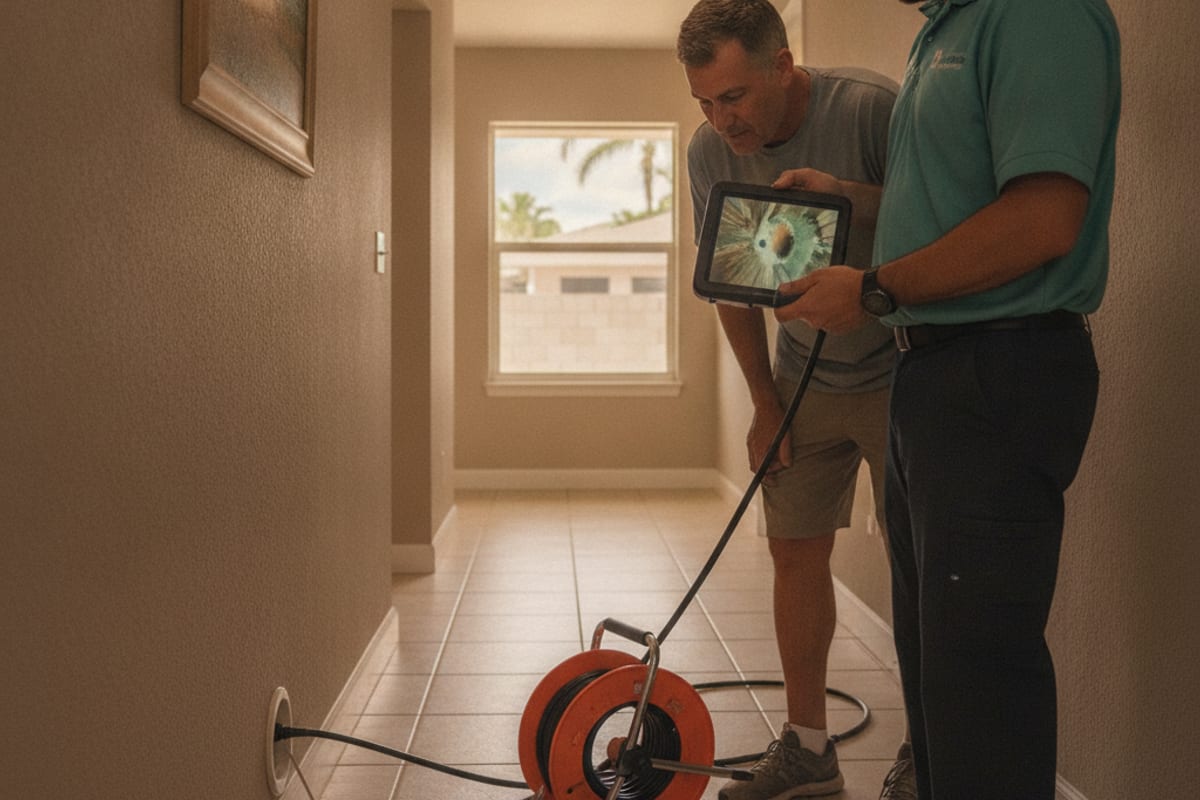 Plumber running a camera inspection during a sewer line repair visit at a Tampa Bay home