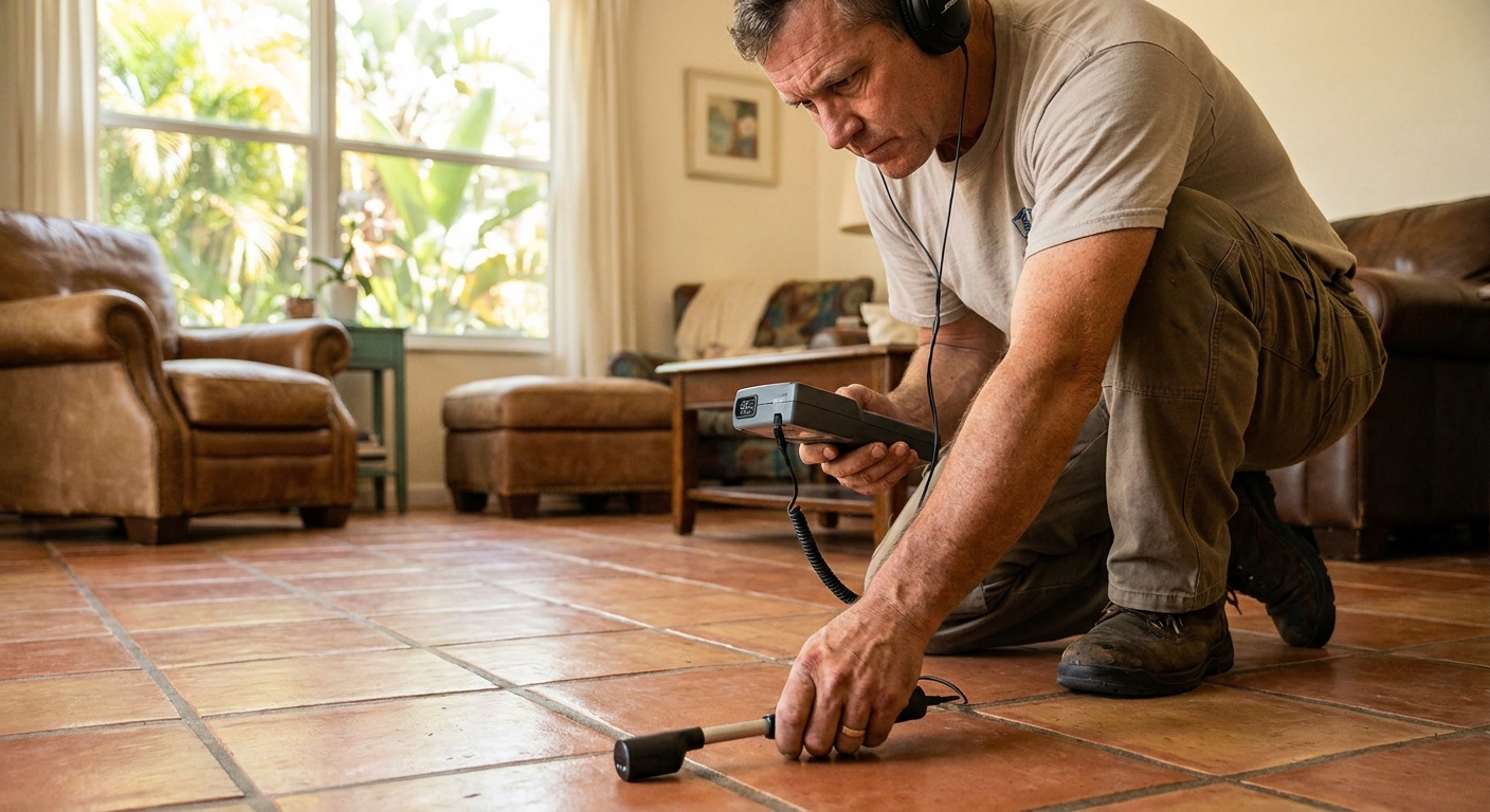 Plumber using thermal imaging to locate a hidden water leak in a Tampa home
